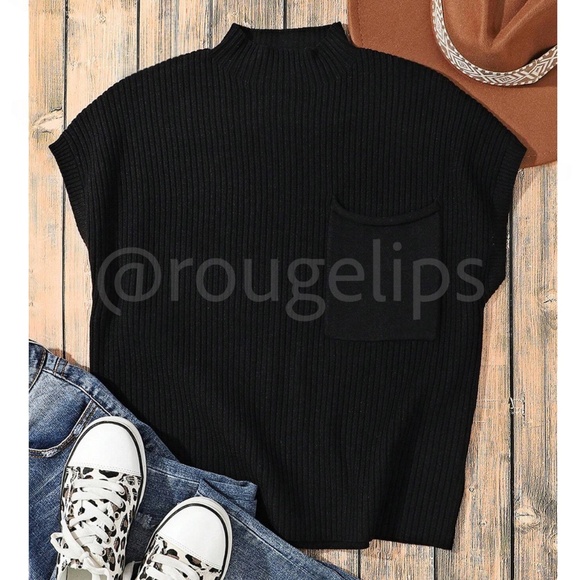 Knit Black Spring/Fall Short Sleeve Pullover Sweater Top Front Pocket - Picture 4 of 8